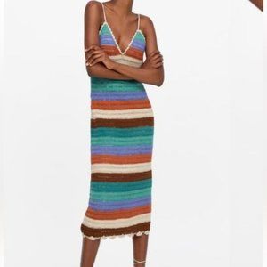 ZARA Crochet Striped Multi Colored bohemian Midi Dress size medium